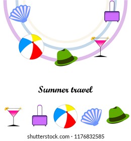 summer travel suitcase cocktail ball hat shell vector background