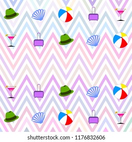 summer travel suitcase cocktail ball hat shell vector background