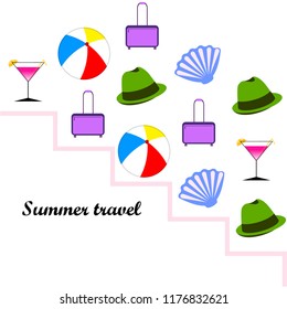 summer travel suitcase cocktail ball hat shell vector background