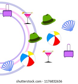 summer travel suitcase cocktail ball hat shell vector background