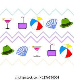 summer travel suitcase cocktail ball hat shell vector background