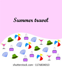 summer travel suitcase cocktail ball hat shell vector background