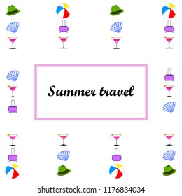 summer travel suitcase cocktail ball hat shell vector background
