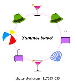 summer travel suitcase cocktail ball hat shell vector background
