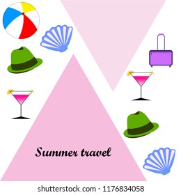 summer travel suitcase cocktail ball hat shell vector background