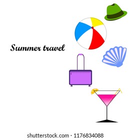 summer travel suitcase cocktail ball hat shell vector background