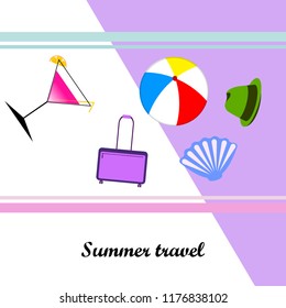 summer travel suitcase cocktail ball hat shell vector background