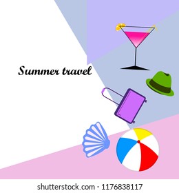 summer travel suitcase cocktail ball hat shell vector background