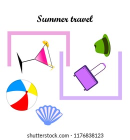 summer travel suitcase cocktail ball hat shell vector background