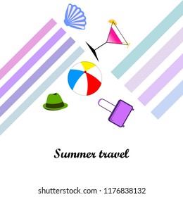 summer travel suitcase cocktail ball hat shell vector background