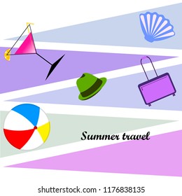 summer travel suitcase cocktail ball hat shell vector background