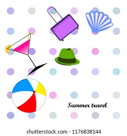 summer travel suitcase cocktail ball hat shell vector background