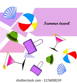 summer travel suitcase cocktail ball hat shell vector background