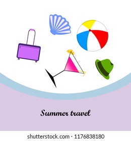 summer travel suitcase cocktail ball hat shell vector background
