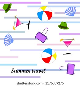 summer travel suitcase cocktail ball hat shell vector background