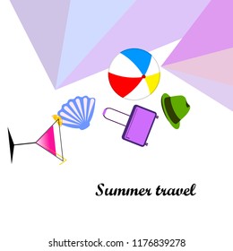 summer travel suitcase cocktail ball hat shell vector background