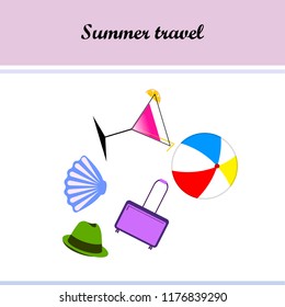 summer travel suitcase cocktail ball hat shell vector background