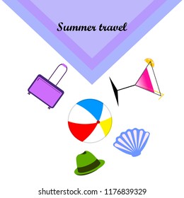 summer travel suitcase cocktail ball hat shell vector background