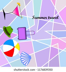 summer travel suitcase cocktail ball hat shell vector background