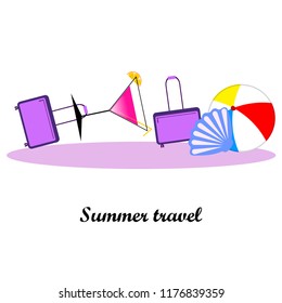summer travel suitcase cocktail ball hat shell vector background