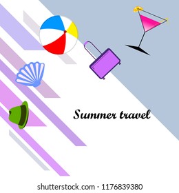 summer travel suitcase cocktail ball hat shell vector background