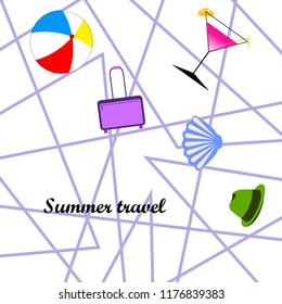 summer travel suitcase cocktail ball hat shell vector background