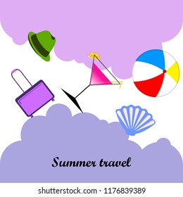 summer travel suitcase cocktail ball hat shell vector background
