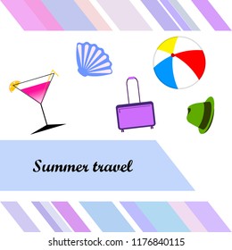 summer travel suitcase cocktail ball hat shell vector background