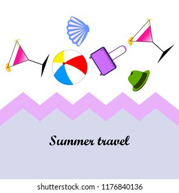 summer travel suitcase cocktail ball hat shell vector background