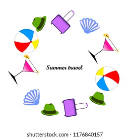 summer travel suitcase cocktail ball hat shell vector background