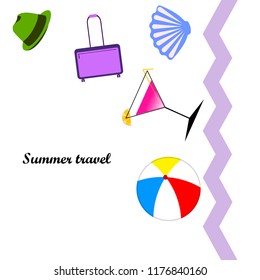 summer travel suitcase cocktail ball hat shell vector background