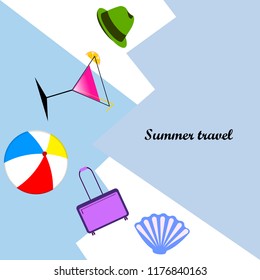 summer travel suitcase cocktail ball hat shell vector background
