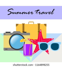 summer travel suitcase cocktail photo camera sunglasses starfish vector background