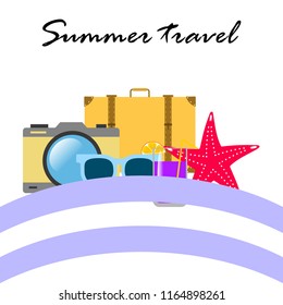 summer travel suitcase cocktail photo camera sunglasses starfish vector background