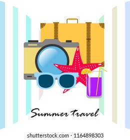 summer travel suitcase cocktail photo camera sunglasses starfish vector background