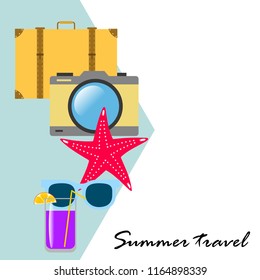 summer travel suitcase cocktail photo camera sunglasses starfish vector background