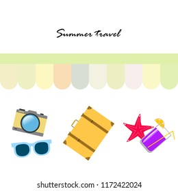 summer travel suitcase cocktail photo camera sunglasses starfish vector background