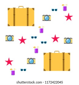 summer travel suitcase cocktail photo camera sunglasses starfish vector background