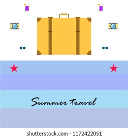 summer travel suitcase cocktail photo camera sunglasses starfish vector background