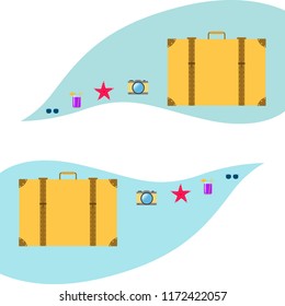 summer travel suitcase cocktail photo camera sunglasses starfish vector background