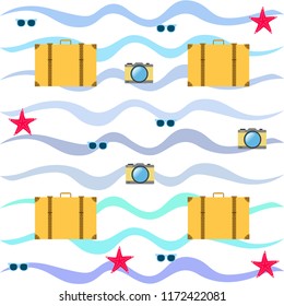 summer travel suitcase cocktail photo camera sunglasses starfish vector background