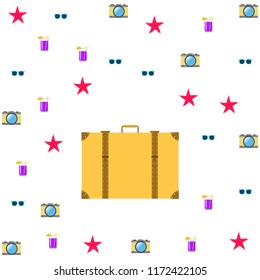 summer travel suitcase cocktail photo camera sunglasses starfish vector background