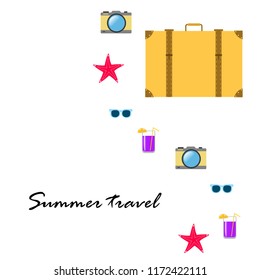 summer travel suitcase cocktail photo camera sunglasses starfish vector background