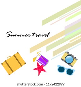 summer travel suitcase cocktail photo camera sunglasses starfish vector background