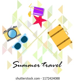 summer travel suitcase cocktail photo camera sunglasses starfish vector background