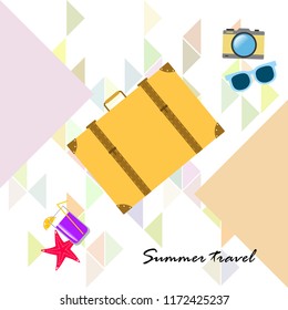 summer travel suitcase cocktail photo camera sunglasses starfish vector background