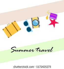 summer travel suitcase cocktail photo camera sunglasses starfish vector background