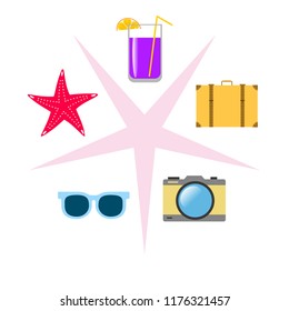 summer travel suitcase cocktail photo camera sunglasses starfish vector background