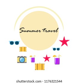 summer travel suitcase cocktail photo camera sunglasses starfish vector background