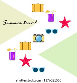 summer travel suitcase cocktail photo camera sunglasses starfish vector background
